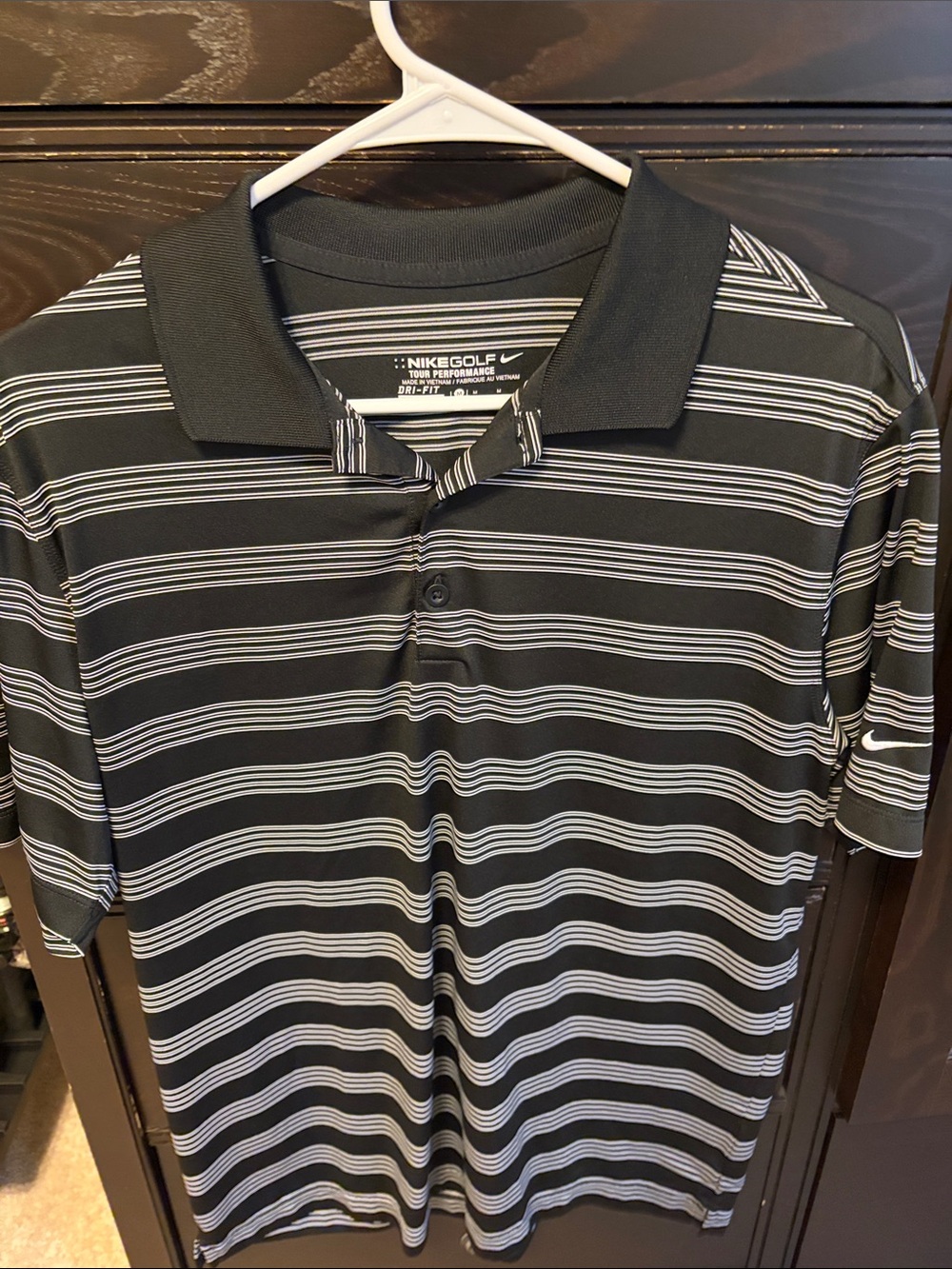 Nike Black and White Striped Golf Polo